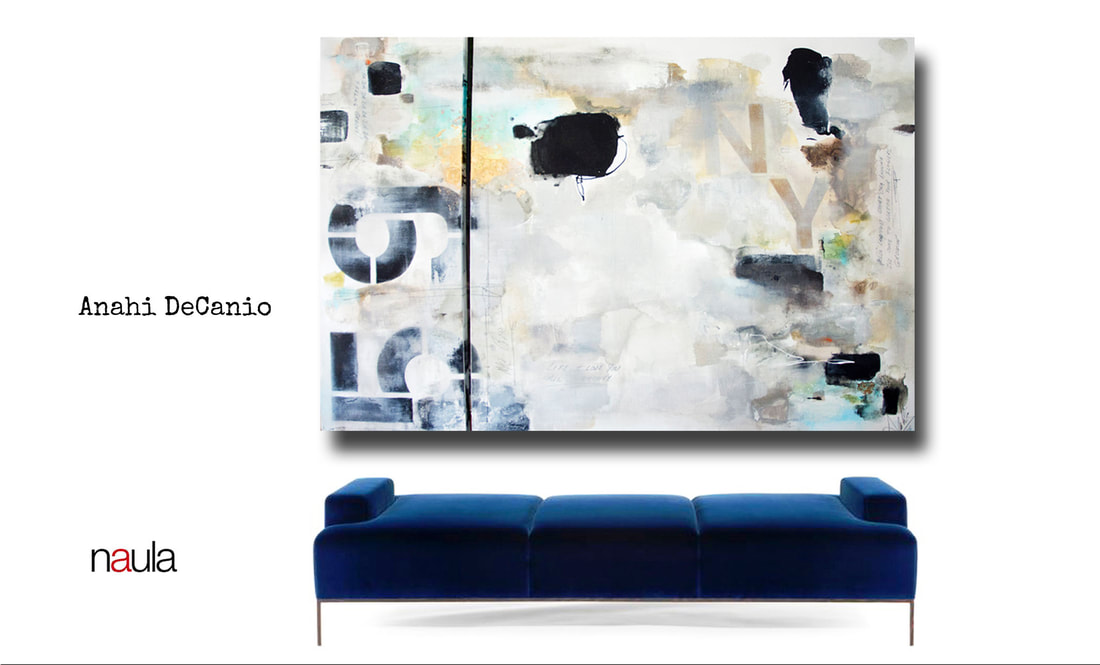 Naula & Anahi DeCanio - Architectural Digest Desing Show -  blue velvet stiletto settee and Anahi DeCanio abstract 59th St. Bridge at AD Design Show NYC