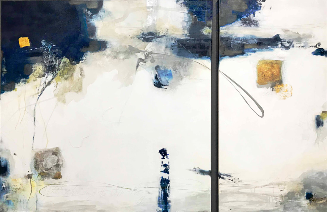 Anahi DeCanio - 48x84 mixed media Diptych on canvas in navy blue, gray and gold palette - Amalfi