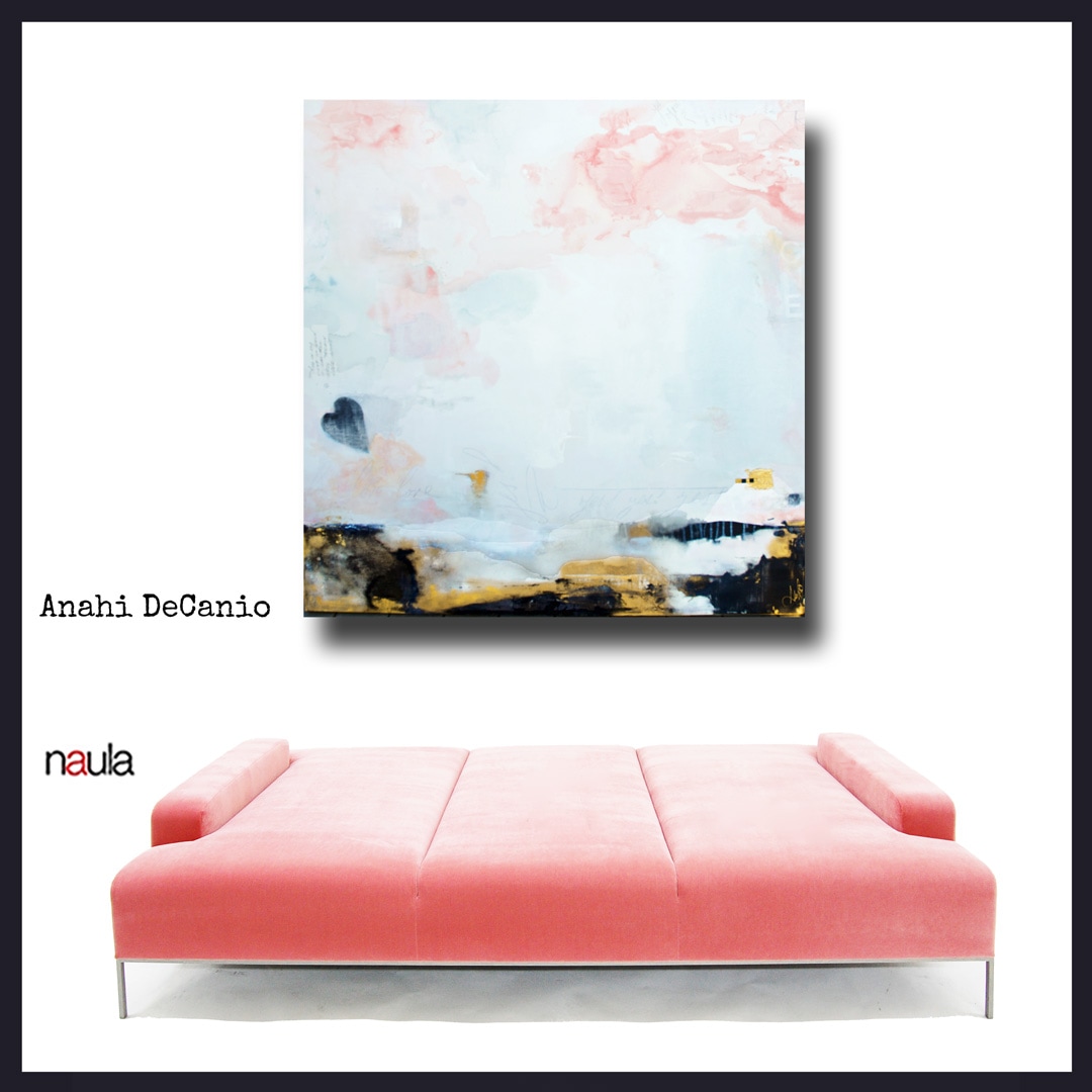 Pink and black abstract by Anahi DeCanio paired with Naula pink velvet stiletto settee for Hamptons Earth Day exhibit eARThHamptons founded by Ms. DeCanioPicture